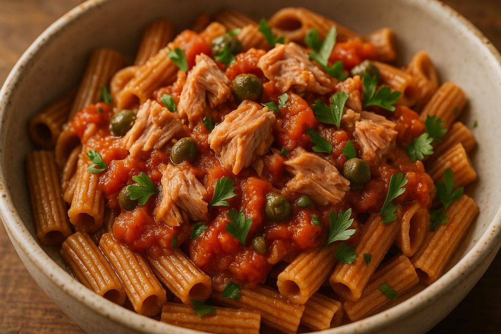 A close-up shot of a bowl of rigatoni pasta with a rich tomato sauce, flaked tuna, green capers, and garnished with fresh parsley.