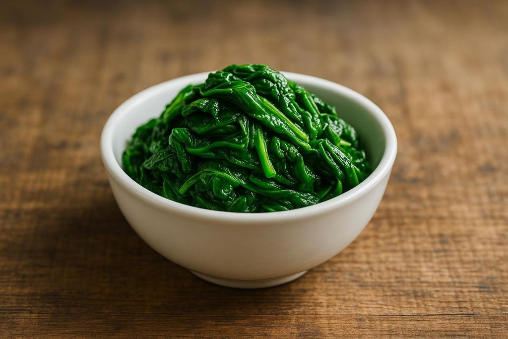 A white bowl filled with vibrant green, cooked spinach sits on a rustic wooden table. The spinach is piled high and has a soft, wilted texture.