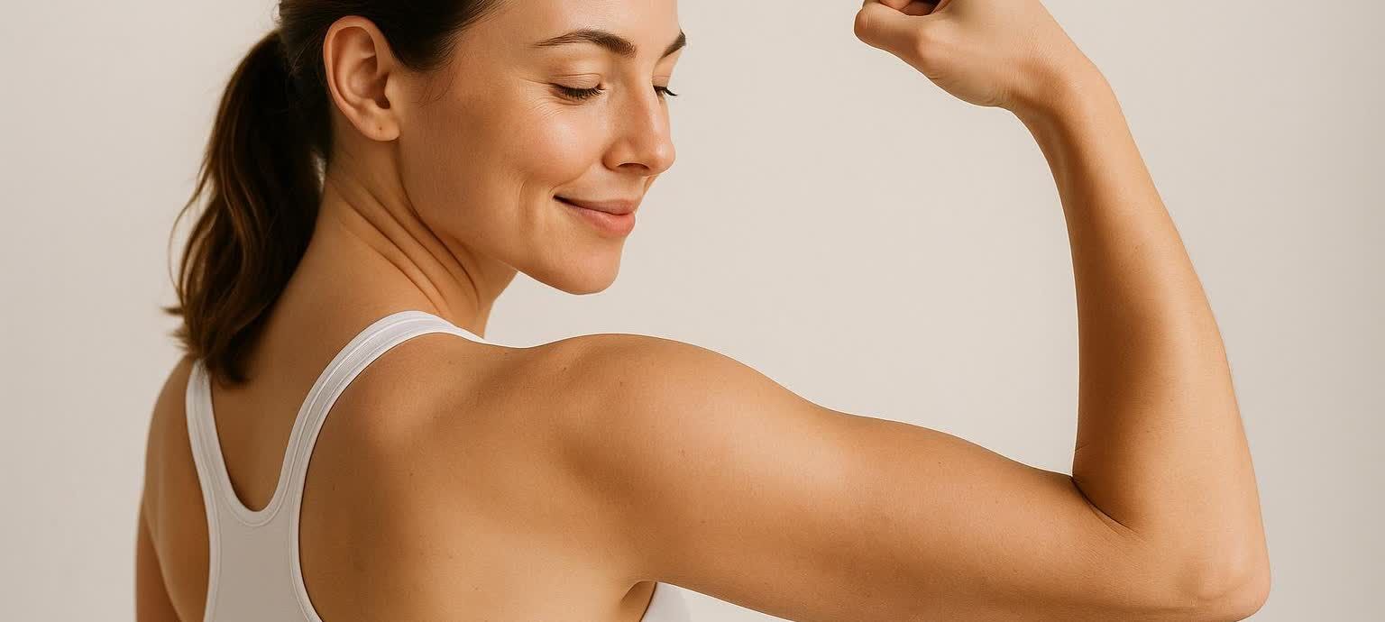 A smiling woman in a white athletic top looks down at her flexed right bicep, which shows clear muscle definition against a light background.