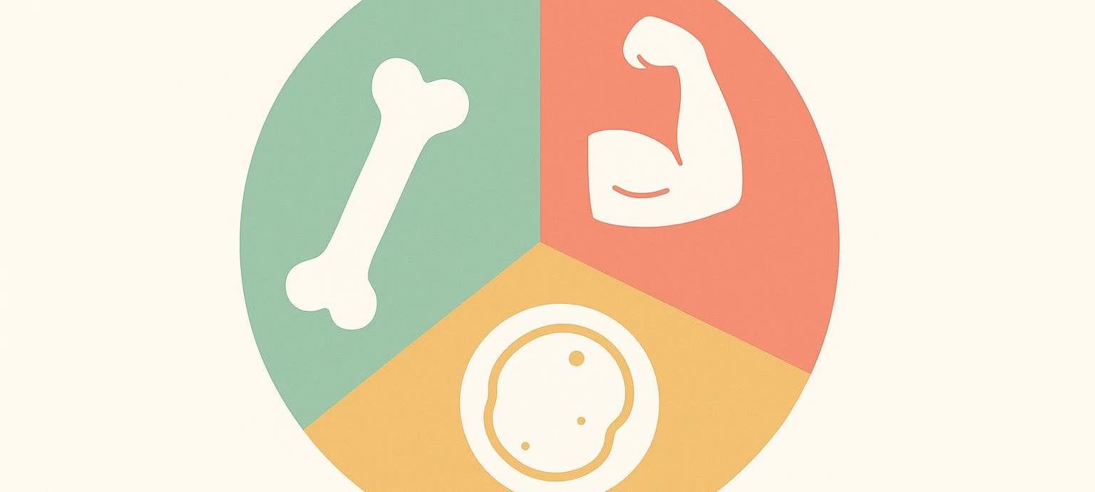A stylized pie chart with three colored sections representing different aspects of health. One section has a bone icon on a teal background, another has a flexing bicep muscle icon on a salmon background, and the third has a fried egg with three spots on a gold background. This image symbolizes elements of a healthy diet or physical well-being.