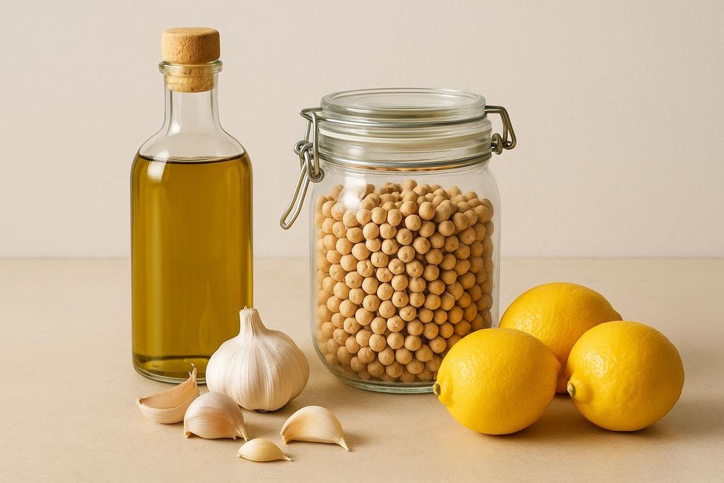 Mediterranean pantry staples including olive oil in a glass bottle, a jar of chickpeas, garlic cloves, and three whole lemons arranged on a light-colored counter.