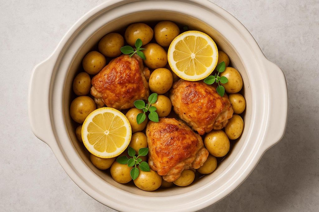 An overhead view of lemon garlic chicken and baby potatoes cooking in a slow cooker. Three crispy chicken thighs are nestled among small golden potatoes, garnished with lemon slices and fresh oregano sprigs.