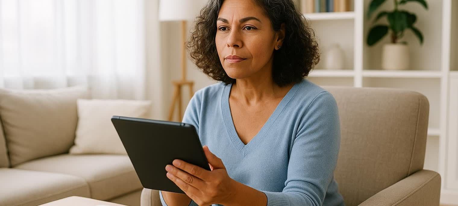 A woman in her late 40s is seated and thoughtfully reviewing healthcare information on a tablet computer in her living room.