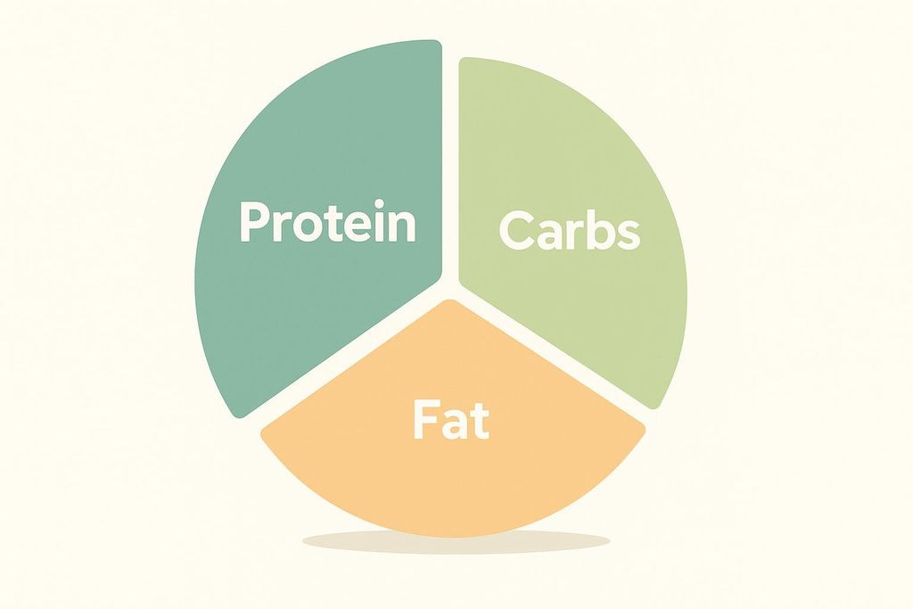 A pie chart showing three equal sections labeled 'Protein' in teal, 'Carbs' in light green, and 'Fat' in orange.