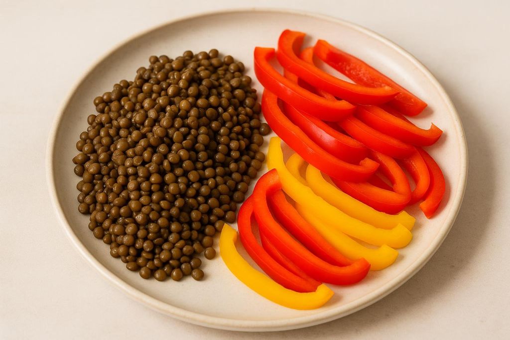 A plate of cooked lentils and sliced red and yellow bell peppers, illustrating how to combine non-heme iron sources with vitamin C-rich foods to enhance iron absorption.