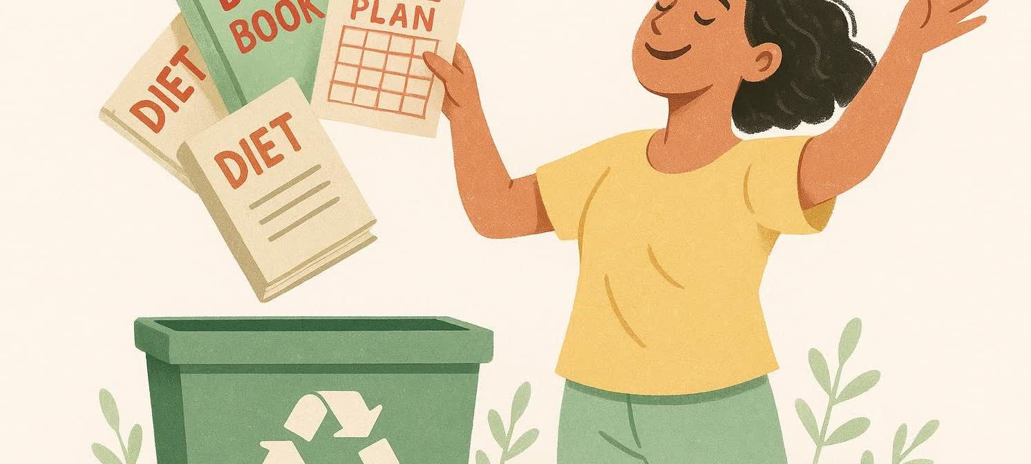 An illustration showing a smiling person with dark hair, wearing a yellow shirt and green pants, happily tossing books labeled 'DIET' and a 'PLAN' chart into a green recycling bin. The person's arms are raised in a gesture of freedom and relief.