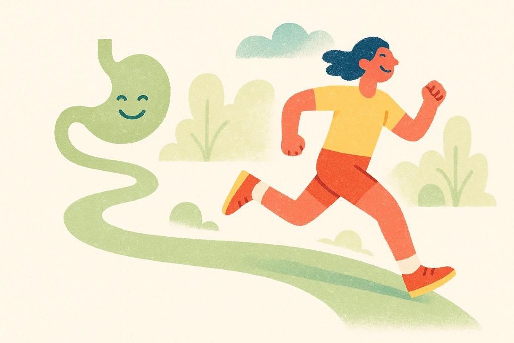 An illustration of a smiling green stomach icon connected by a path to a happy person running. The path is surrounded by simple trees and clouds, suggesting a healthy outdoor environment. This image symbolizes improved GI comfort supporting an active lifestyle and weight loss.