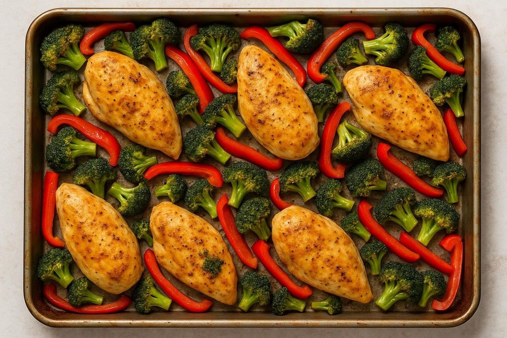 Overhead view of a sheet pan filled with six seasoned chicken breasts, bright green broccoli florets, and vibrant red bell pepper strips, ready for cooking.