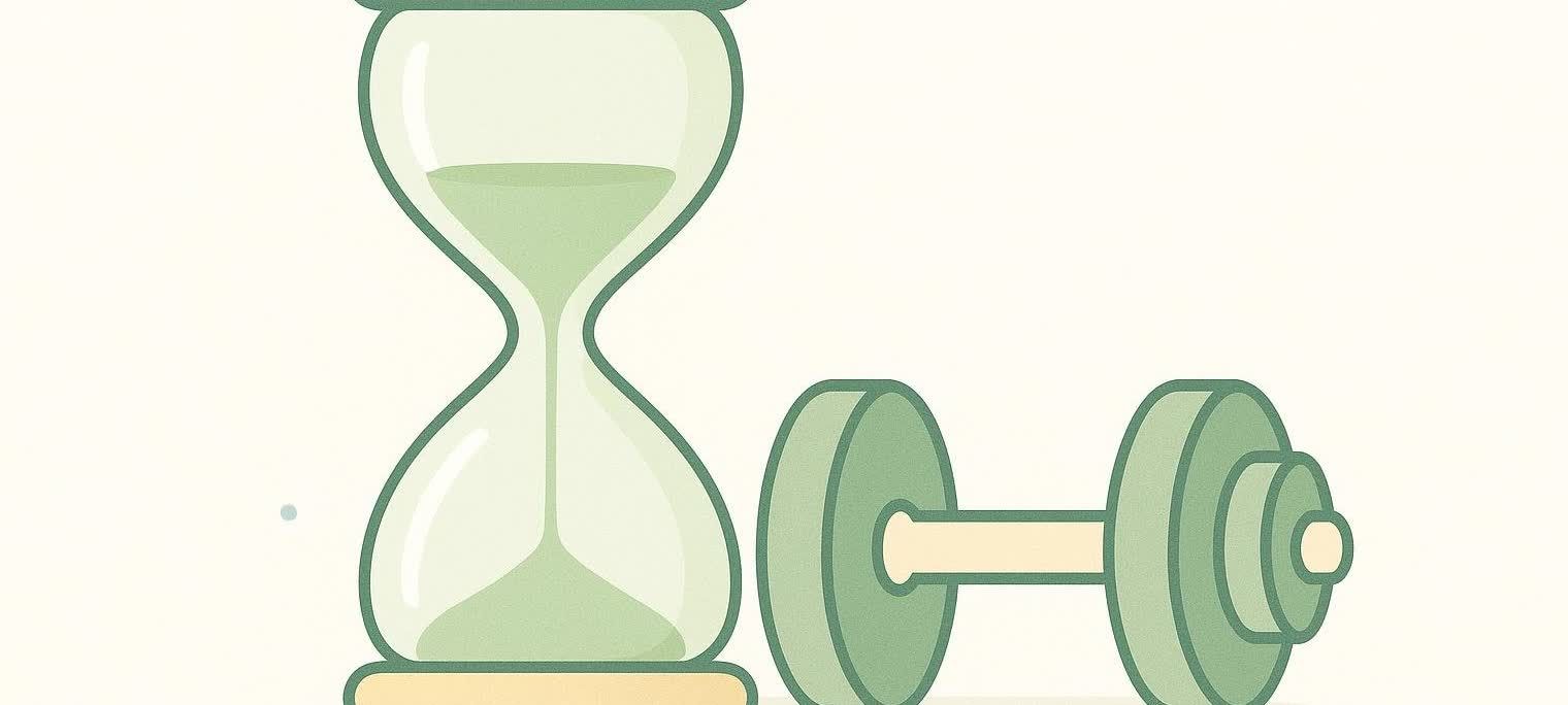 An hourglass with sand partially flowed through it, standing next to a dumbbell, symbolizing workout rest times.