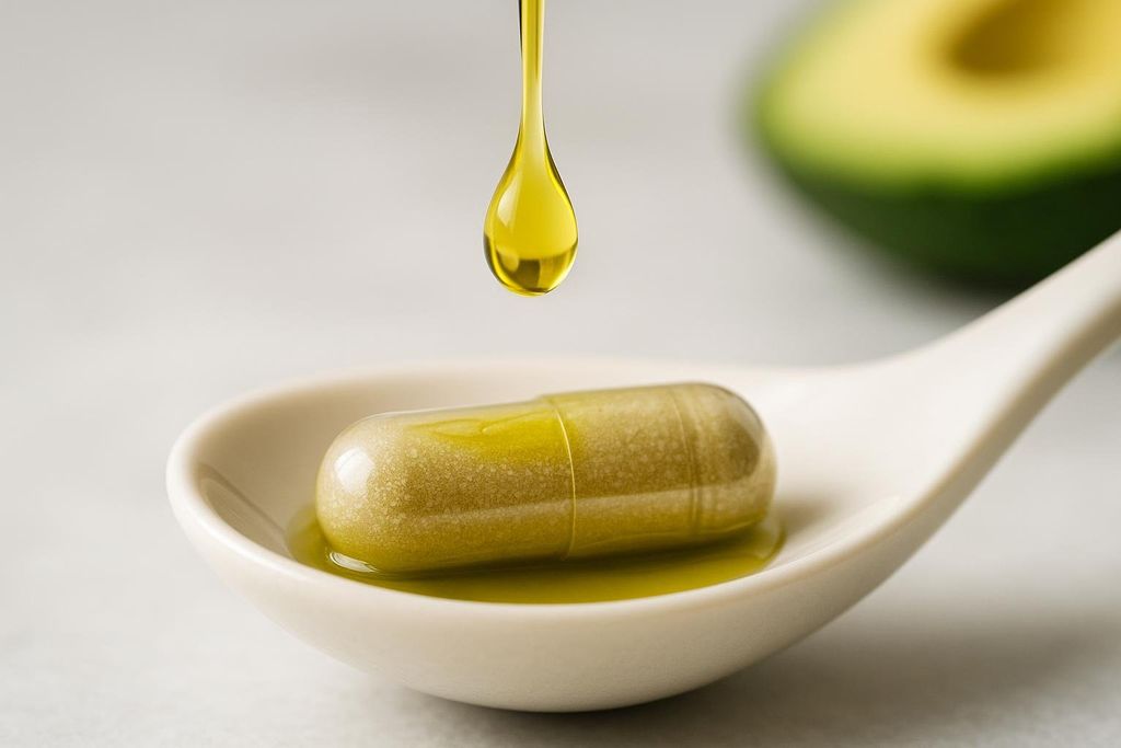 A close-up of a yellowish-green supplement capsule resting in a white spoon, with a drop of golden oil falling onto it. In the blurred background, a sliced avocado is visible, suggesting healthy fats.
