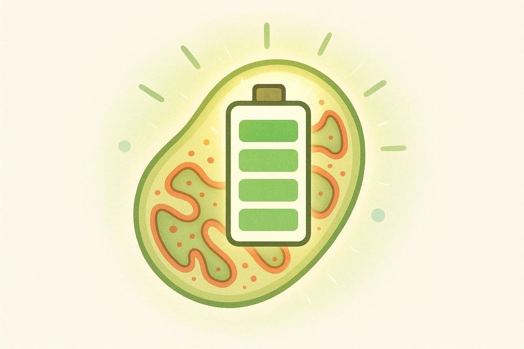 An illustration depicting a mitochondrion as a fully charged green battery, glowing with light against a light green background. The inner structure of the mitochondrion, including the cristae, is visible around the battery.