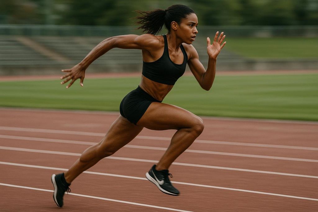 A female runner in a black sports bra and shorts performs a fast stride on a brown running track with green grass and stadium seating in the blurred background. She is lean and muscular, with her hair tied back in a ponytail.