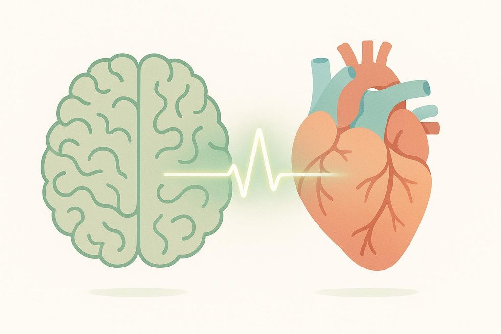 An illustration showing a human brain on the left and a human heart on the right, connected by a glowing white line that mimics an electrocardiogram (ECG) wave. The brain is depicted in light green with darker green outlines of its folds, and the heart is orange with light blue arteries/veins and branches within the heart muscle.