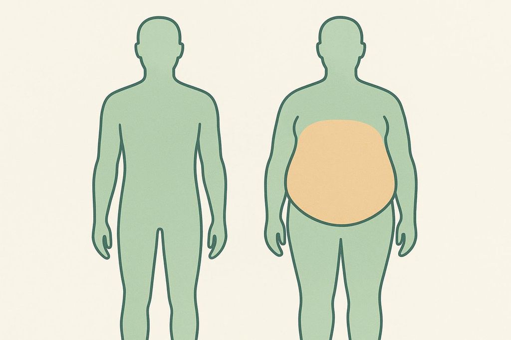 An illustration comparing two body silhouettes with normal BMI. The figure on the left has a lean physique with low body fat. The figure on the right is of similar build but shows a large, round, peach-colored area in the abdominal region, representing 'normal-weight obesity' also known as hidden or visceral fat behind the abdominal wall.