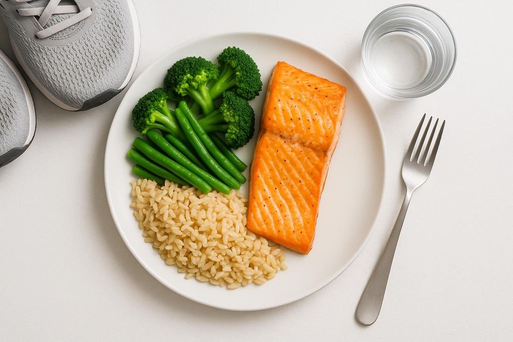 A balanced post-run recovery meal on a white plate, featuring a salmon fillet, broccoli, green beans, and brown rice, with running shoes in the background and a glass of water and fork to the side.