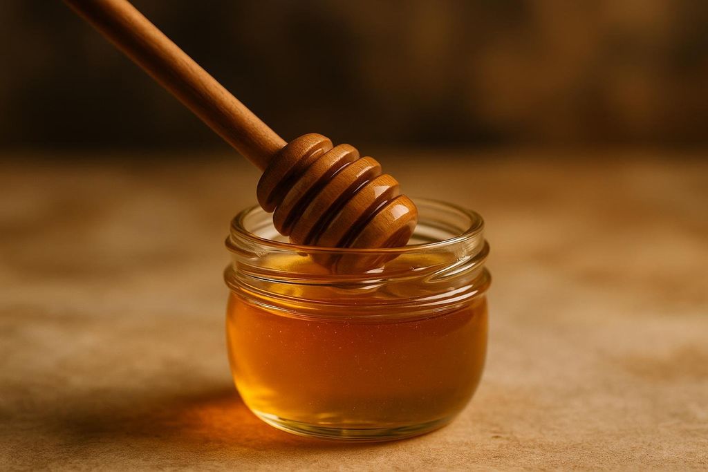 A wooden honey dipper resting in a small glass jar filled with golden honey, set against a warm, blurred background.