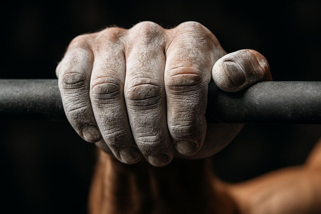 A close-up of a person's hand, covered in white chalk, firmly gripping a black pull-up bar. The focus is on the chalked skin and knuckles, highlighting the effort and grip strength involved in weightlifting or cross-training.