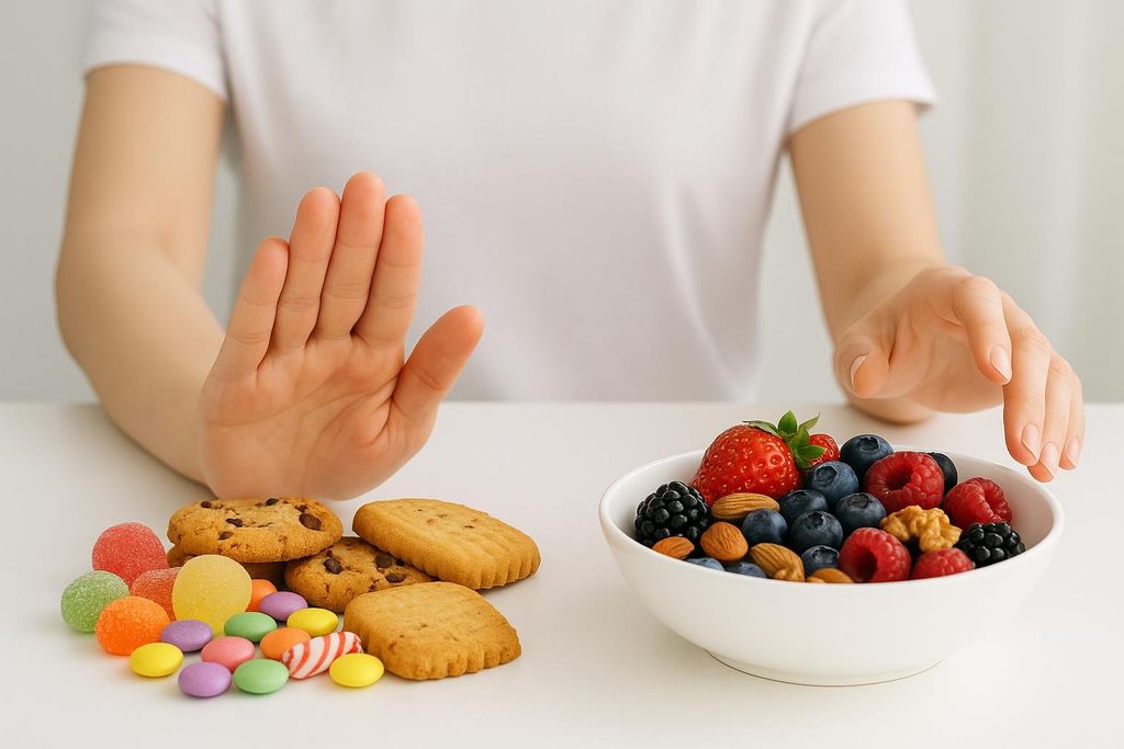 A hand makes a gesture to stop over a pile of sugary snacks, while the other hand reaches towards a bowl of fresh berries, illustrating a healthy eating choice.