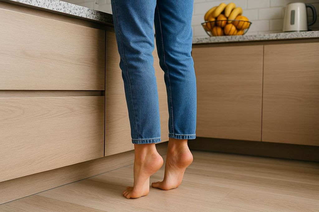 A person wearing blue jeans is standing on their tiptoes (performing a calf raise) on a light wood floor in a kitchen. Their bare feet are visible, heels lifted. In the background, there are light wood cabinets and a countertop with a basket of fruit and a white kettle.