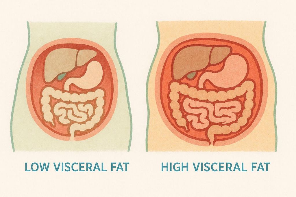 A comparison illustration showing the difference between low and high levels of visceral fat surrounding internal organs.