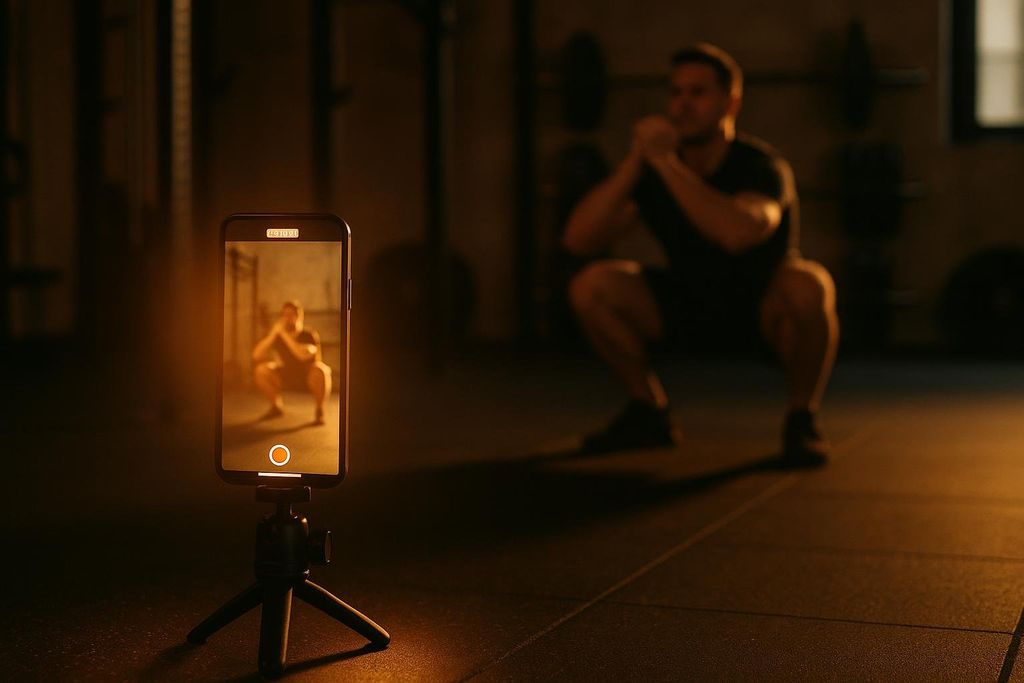 A smartphone on a tripod recording a man performing a squat. The man is also visible in the blurred background, in a similar squatting position, illuminated by warm light.