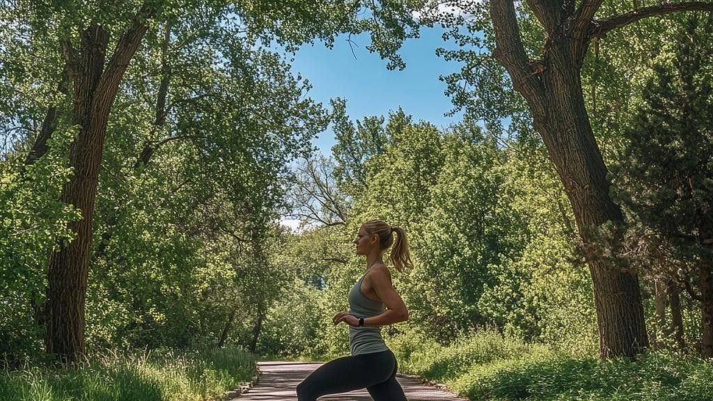 A woman wearing a tank top and leggings exercises outdoors on a pathway in a park surrounded by trees and green bushes. The woman's head is turned away from the camera.
