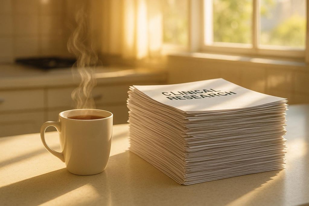 A close-up shot of a steaming mug next to a large stack of papers titled "CLINICAL RESEARCH." The scene is bathed in warm morning sunlight, hinting at early work or study.