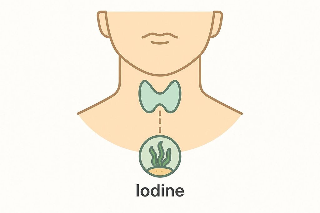 A diagram illustrating the connection between iodine from seaweed and the thyroid gland. A human neck and chin are shown with the thyroid gland highlighted, and below it, an icon representing seaweed with a dashed line connecting the two, indicating iodine's path.