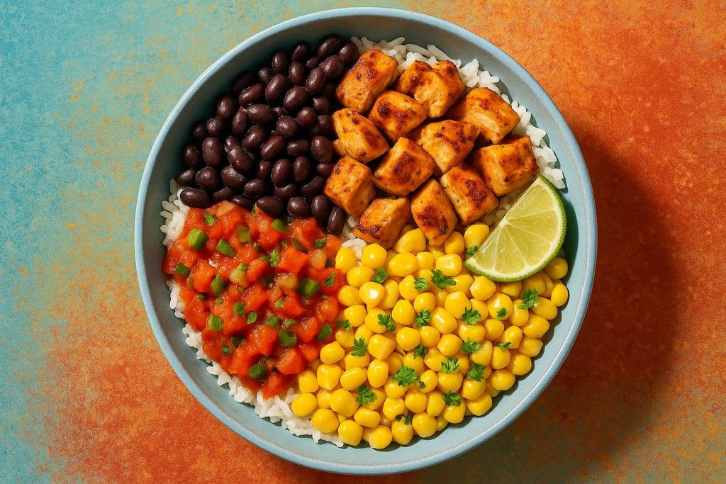 An overhead shot of a chicken burrito bowl. The bowl contains white rice, black beans, seasoned chicken pieces, corn kernels, and salsa, garnished with a lime wedge and cilantro. The bowl is set against a vibrant blue and orange textured background.