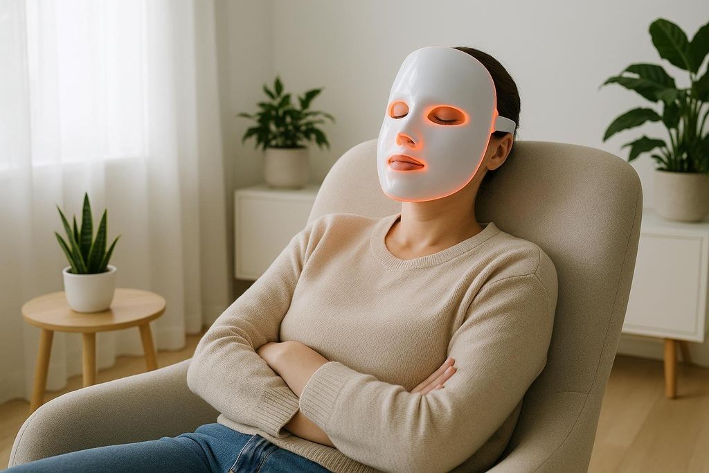 A woman with her eyes closed, wearing a white LED face mask that emits an orange glow, relaxing in a light-colored armchair with her arms crossed. She is in a bright room with potted plants in the background.