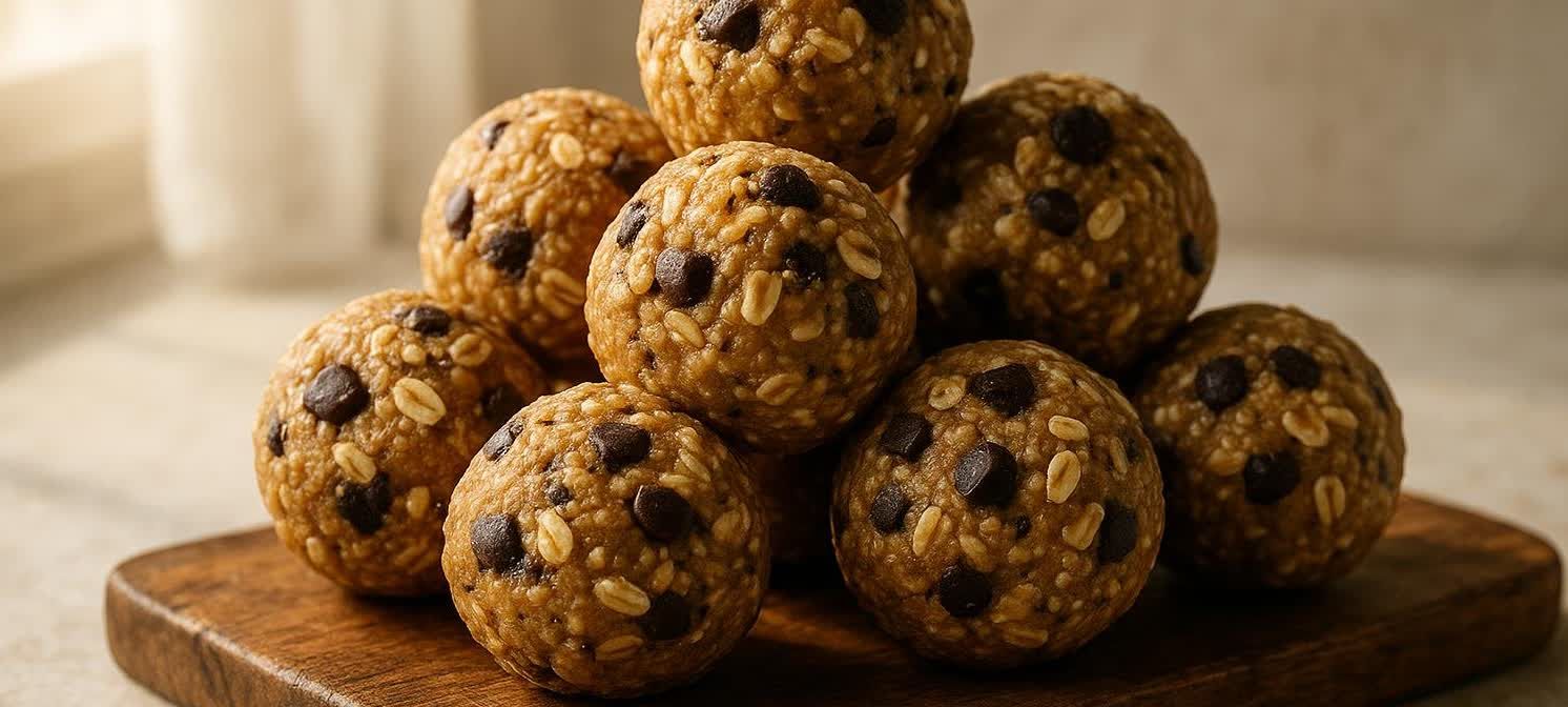 A stack of fresh oat protein balls with chocolate chips and rolled oats, arranged attractively on a rustic wooden board.
