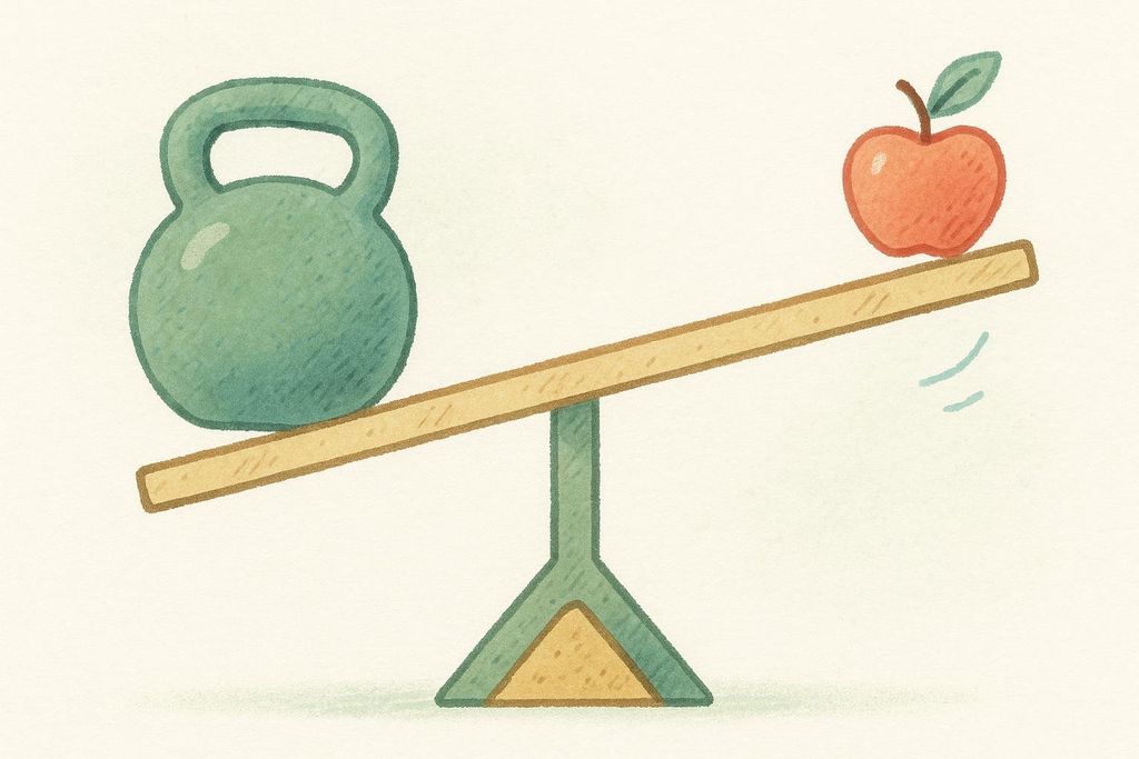 Illustration of a balance scale with a heavy green kettlebell on the left, causing that side to dip low. A small red apple rests on the right side of the scale, which is tipped high in the air.