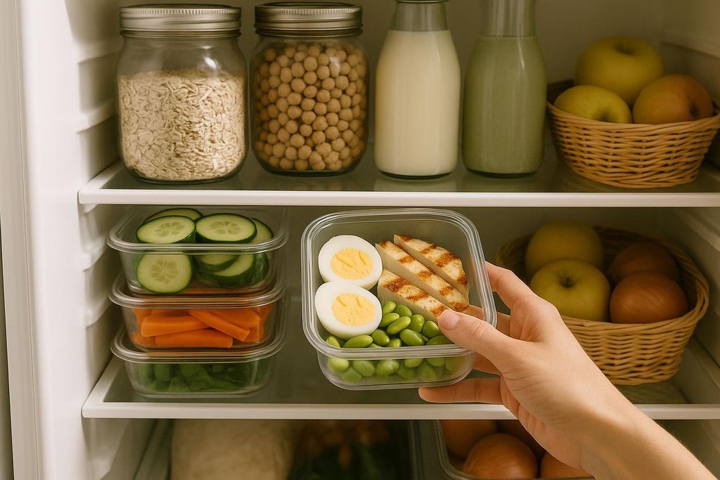 A hand reaches into a refrigerator and selects a clear plastic container with sliced grilled chicken breast, hard-boiled eggs, and edamame, a healthy protein snack.