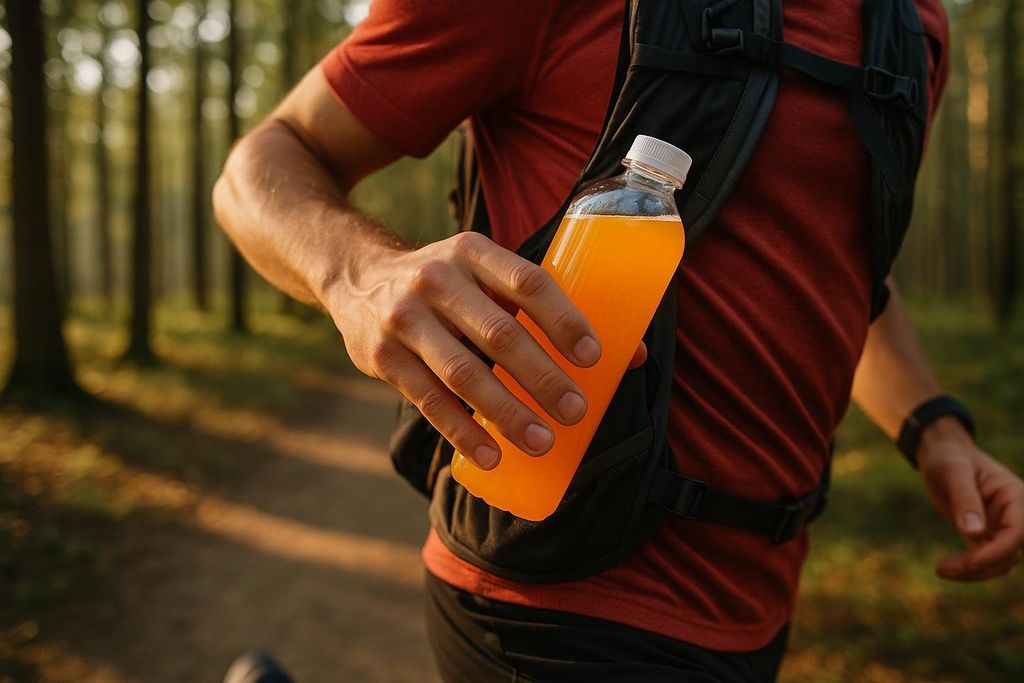 A close-up of a person's hand reaching into a black backpack pouch, pulling out a clear bottle filled with an orange liquid. The person is wearing a red shirt, and the background shows a blurred forest path.