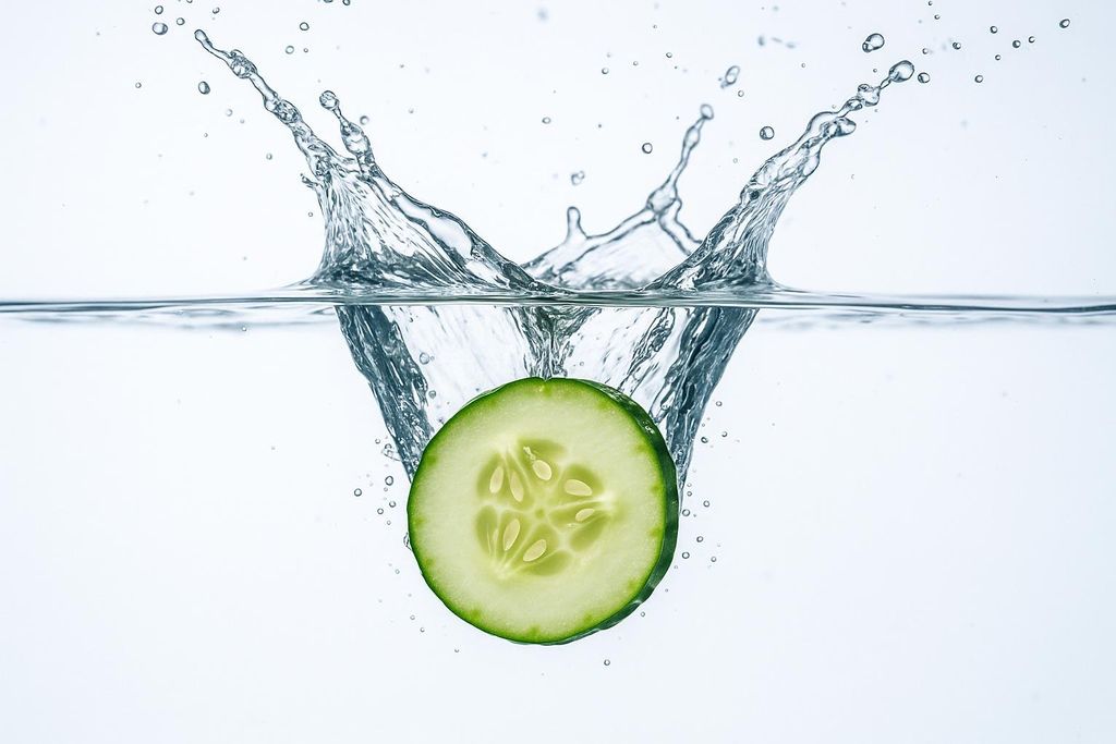 A close-up shot of a single, round cucumber slice hitting the surface of clear water, creating a dynamic splash with water droplets suspended in the air. The bright green and white of the cucumber contrast against the light blue and white background of the water and air.