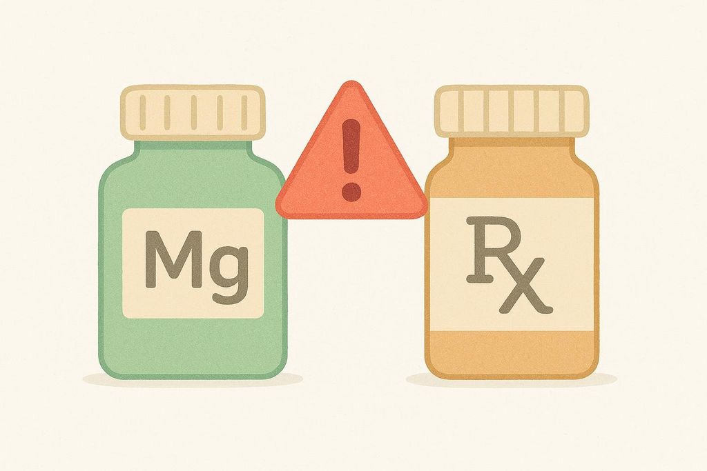 Icon showing a mint green bottle with 'Mg' for Magnesium, an orange danger triangle with an exclamation mark, and a beige bottle with 'Rx' for Prescription, illustrating potential medication interactions between over-the-counter supplements and prescribed drugs.