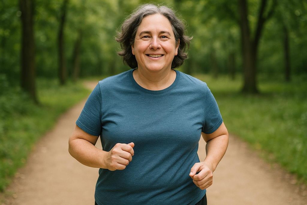 A middle-aged person with short, grey hair and a blue t-shirt smiles while jogging in a park. She is on a dirt path with green trees and grass in the background.