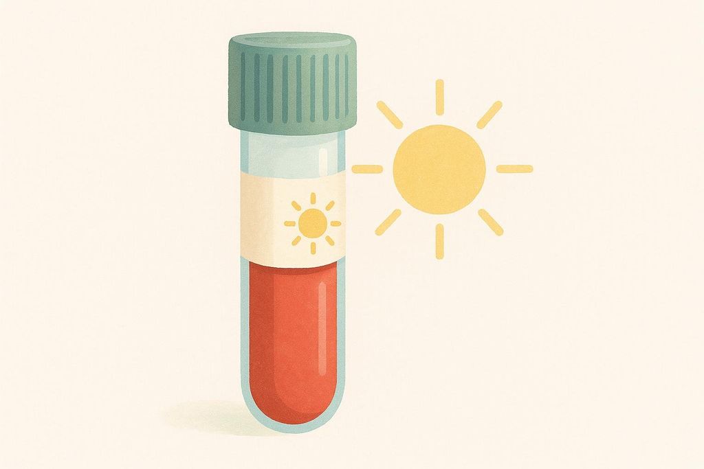 A stylized illustration of a blood sample tube with a sun icon on the label, suggesting morning blood tests or testing related to health and vitality.