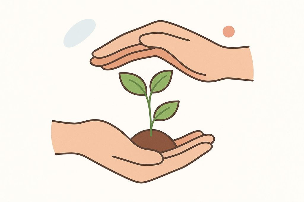 Illustration of two hands gently holding and protecting a small green sprouting plant in a mound of soil, symbolizing care, growth, and support.
