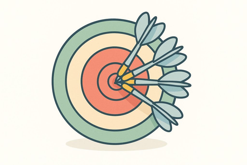 A minimalist illustration of a target with all four darts clustered in the exact center bullseye, symbolizing high precision and accuracy.