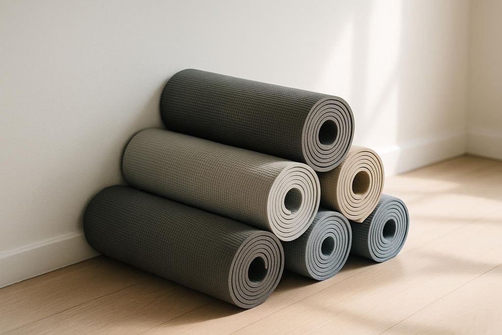 A stack of rolled yoga mats in various neutral tones, leaning against a white wall on a light wooden floor.