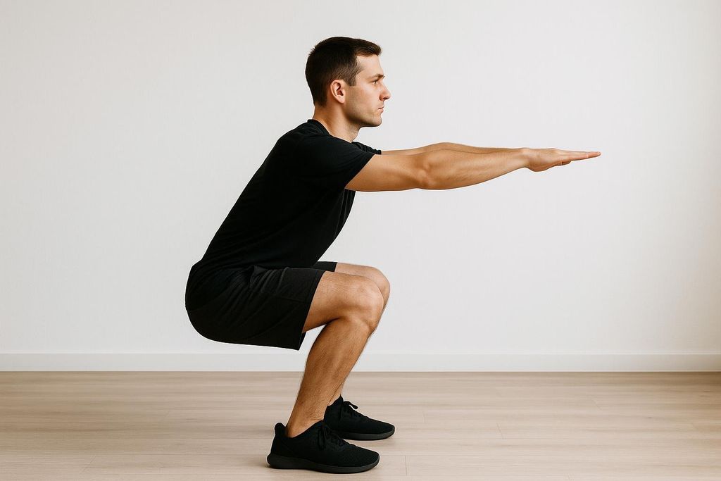 A man in athletic clothing demonstrating a bodyweight squat against a white wall and wooden floor.