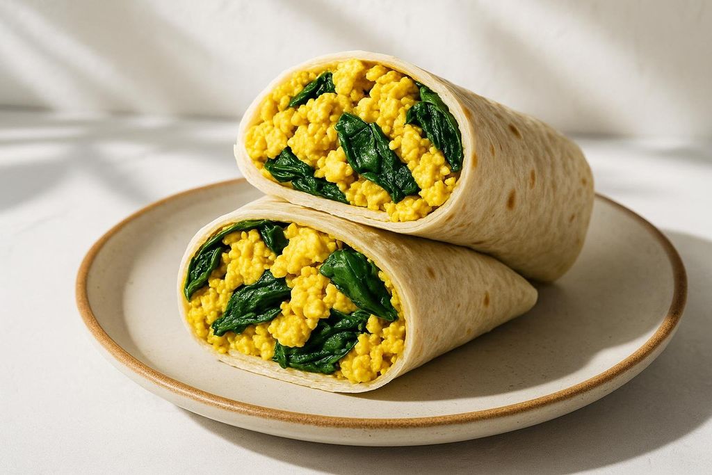 A sliced tofu scramble breakfast burrito, filled with yellow scrambled tofu and green spinach, presented on a light ceramic plate.