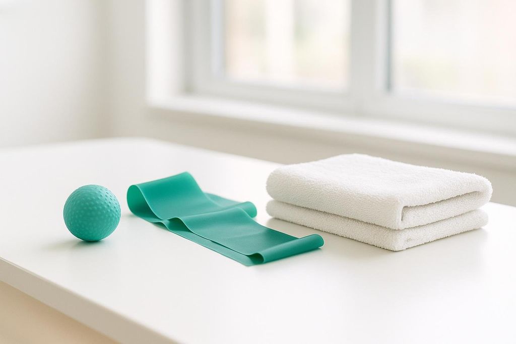 A teal textured ball, a teal resistance band, and two folded white towels are neatly arranged on a clean white table, with a blurred window in the background.