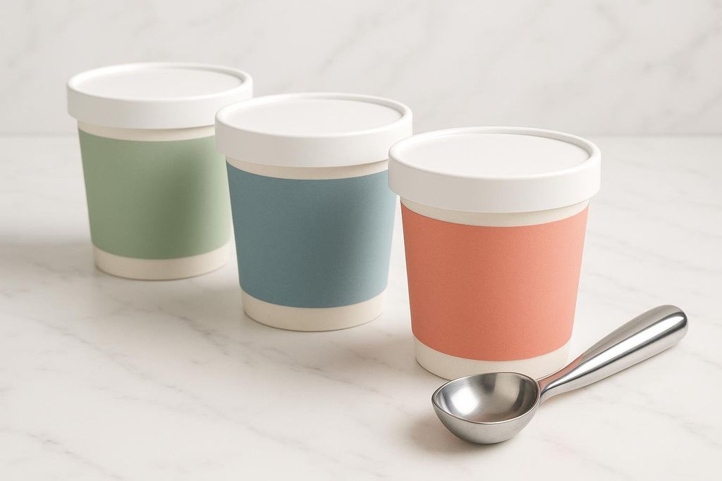 Three pints of ice cream, each with a different colored label (green, blue, and peach), sit on a marble countertop next to a silver ice cream scoop.