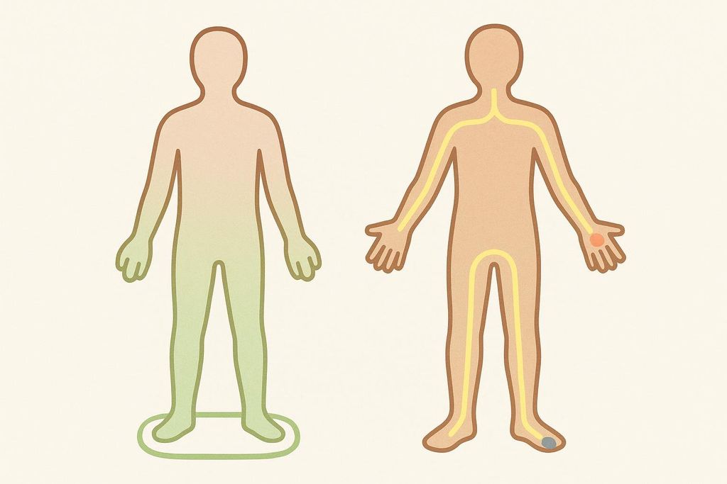 Diagram showing electrical signal pathways for foot-to-foot versus hand-to-foot analysis.