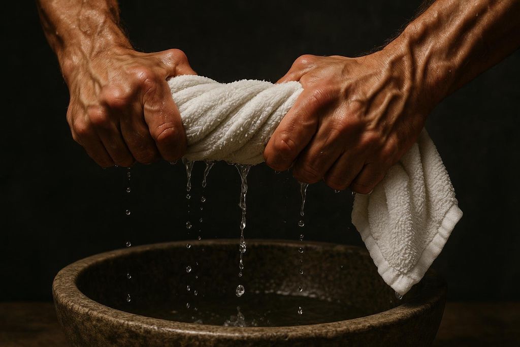 Close-up of muscular hands forcefully wringing out a wet, white bath towel, with water dripping into a dark stoneware basin below.
