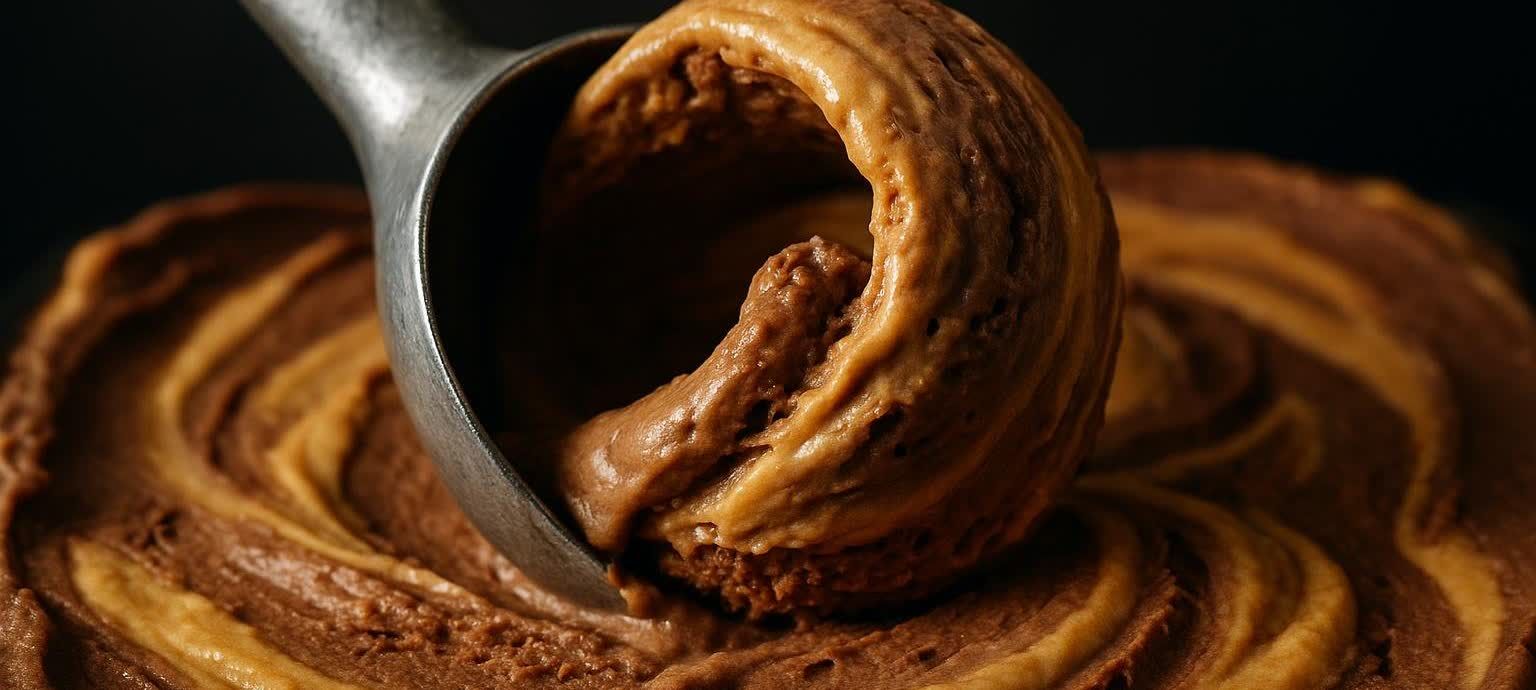 A close-up shot of an ice cream scoop digging into a swirled mixture of chocolate and peanut butter ice cream.