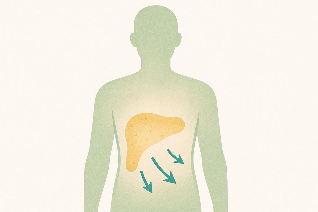 An illustration of a human torso with a light yellow, irregularly shaped organ representing visceral fat, and three teal arrows pointing downwards, indicating reduction.