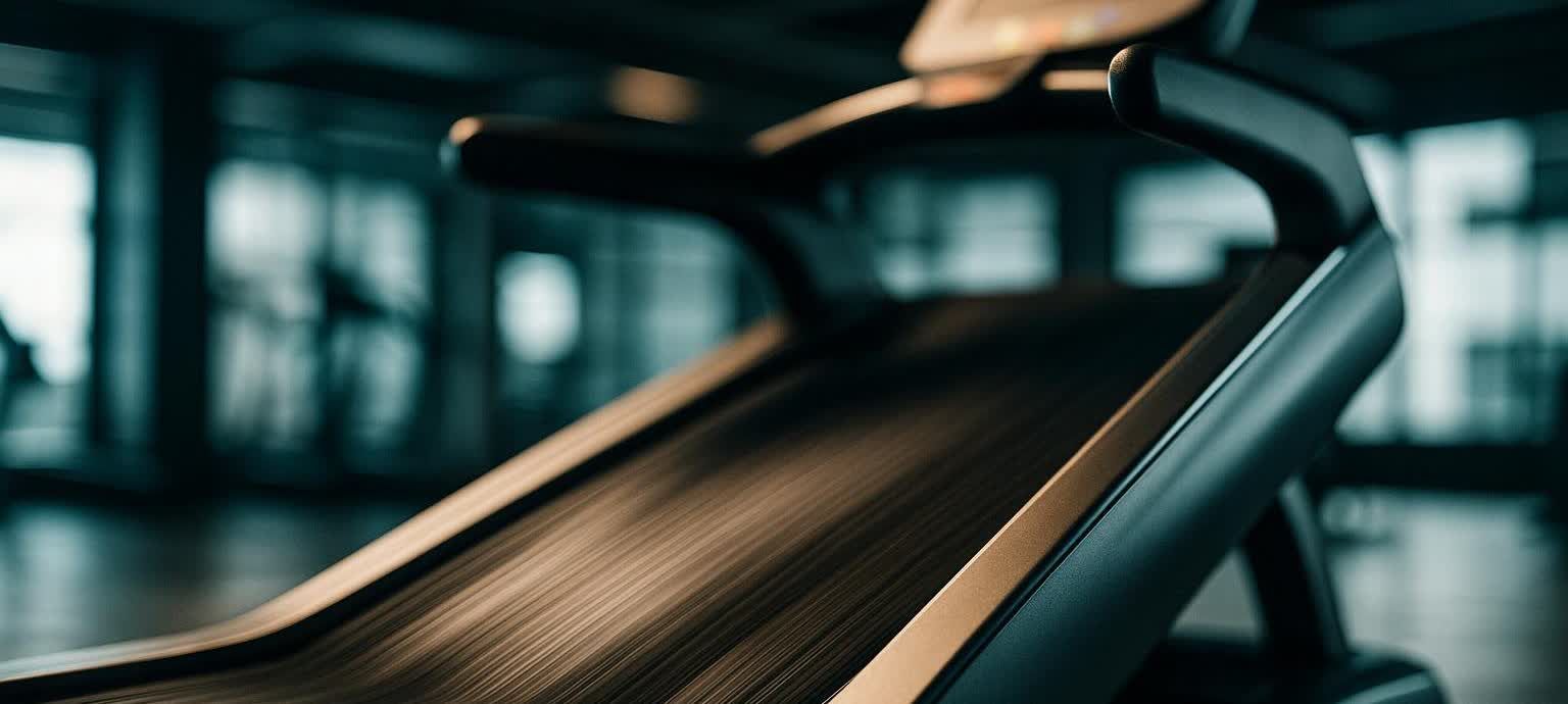 A close-up, artistic shot of a treadmill's moving belt and steep incline, with motion blur indicating movement.